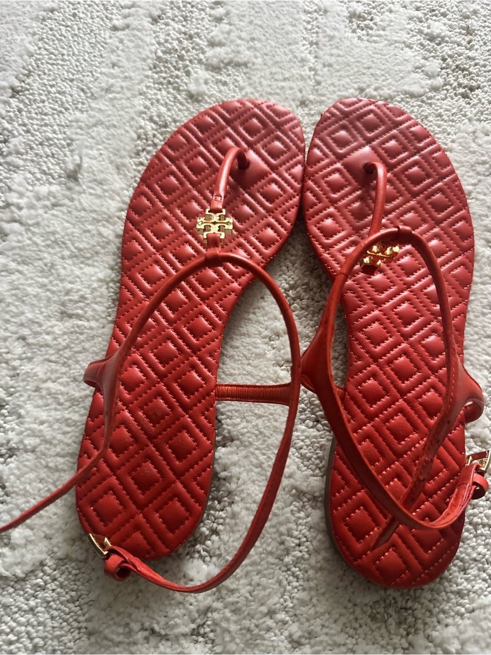 Tory Burch Red Quilted Thong Sandals with Gold Logo